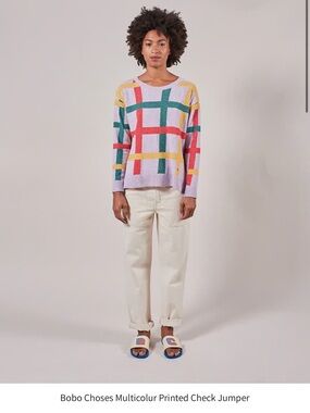 Bobo Choses Lavender Crewneck Sweater with Red, Green and Yellow Plaid